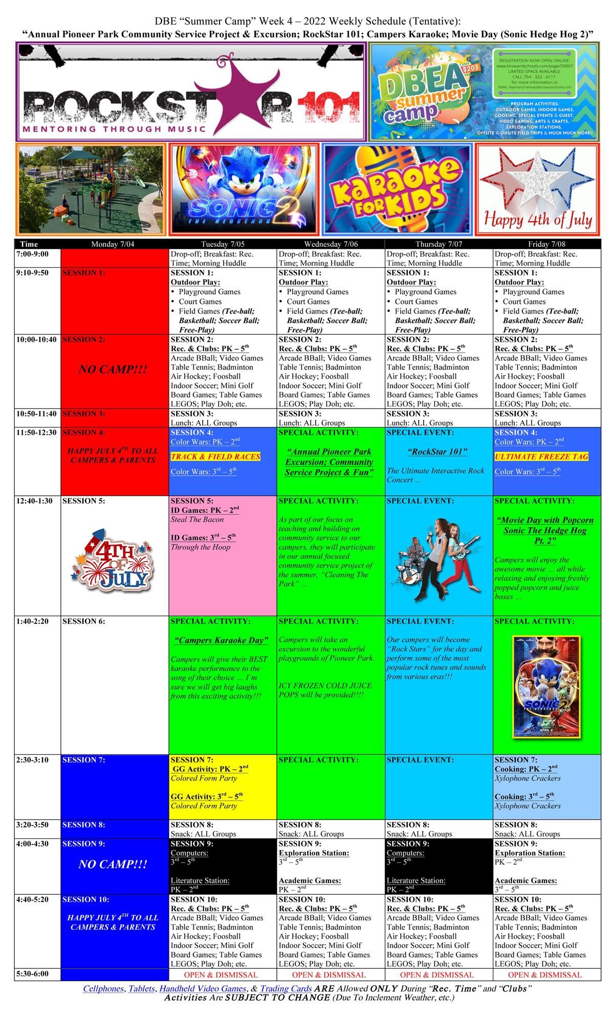 DBES Summer Camp Week 4 Schedule
